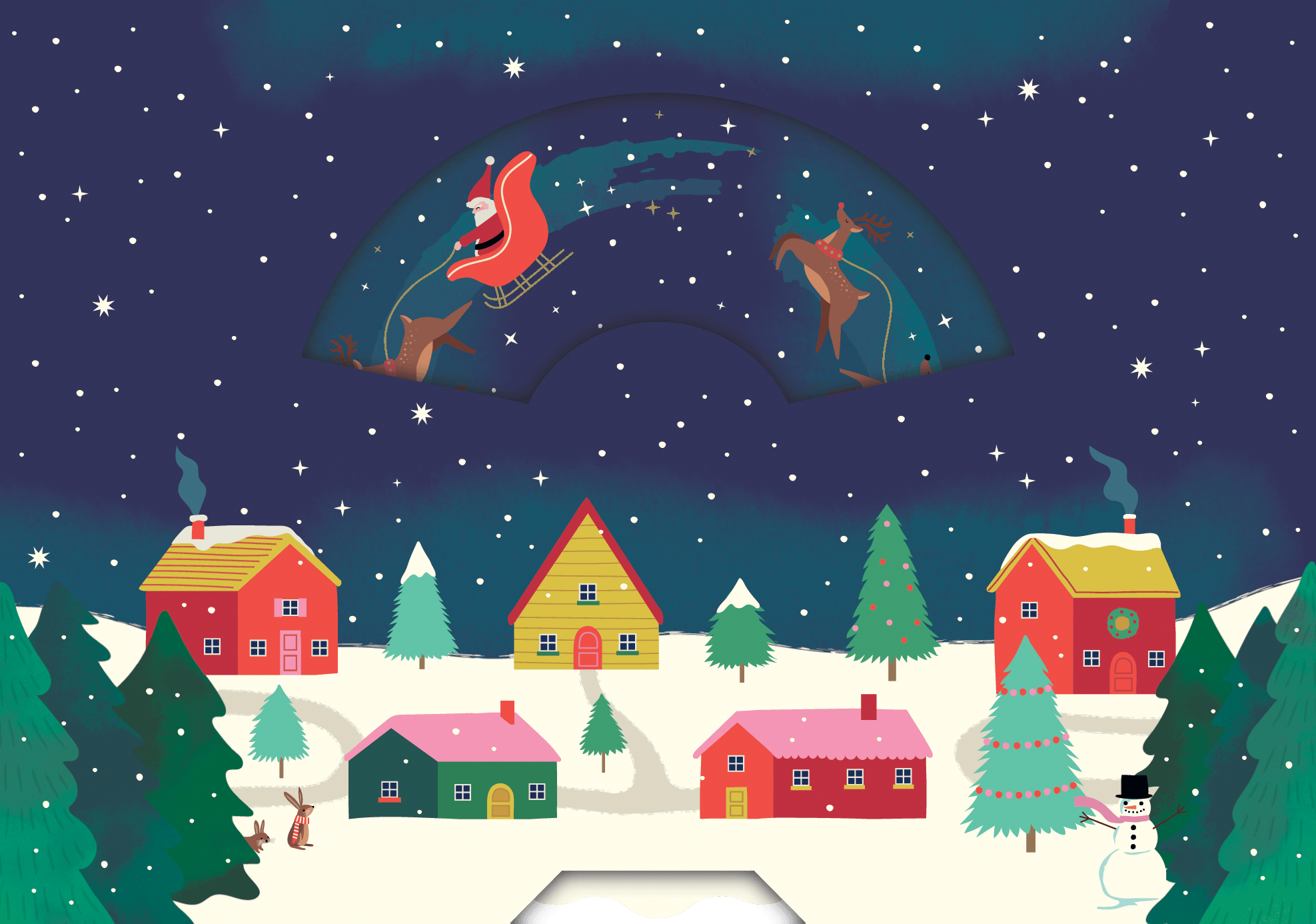 Pictura Santa sleigh and reindeer Christmas card featuring festive holiday scene with Santa flying over snowy landscape.